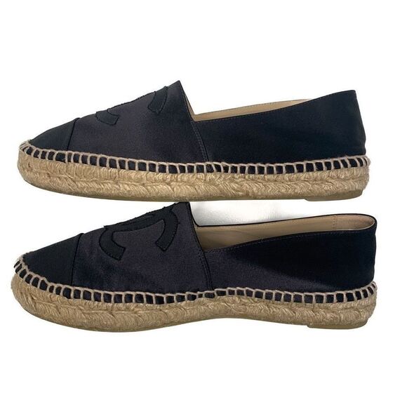 Chanel Satin CC Espadrille EU 38 US 7-7.5 Black Slip On Cap Toe Grosgrain Flat - Picture 5 of 13